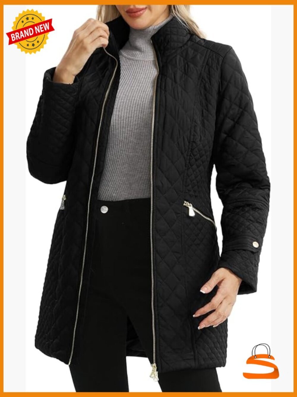Plus Size Long Quilted Lightweight Jacket with Stand Collar